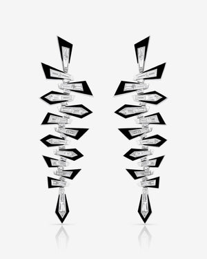 Stephen Webster Enamel Shattered Long Drop Earrings in 18ct white gold with tapered baguette and trilliant white diamonds and black enamel, luxury fine jewellery statement earrings and perfect gift for her