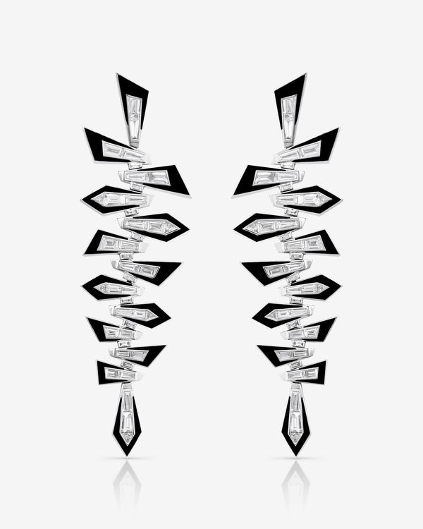Stephen Webster Enamel Shattered Long Drop Earrings in 18ct white gold with tapered baguette and trilliant white diamonds and black enamel, luxury fine jewellery statement earrings and perfect gift for her