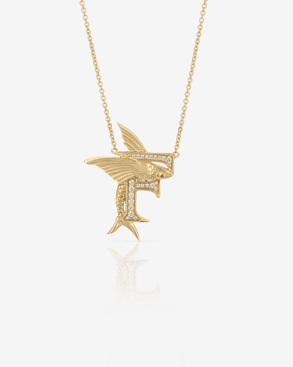Stephen Webster F is for Flying Fish initial necklace in 18ct yellow gold with white diamonds, personalised luxury jewellery gift for her