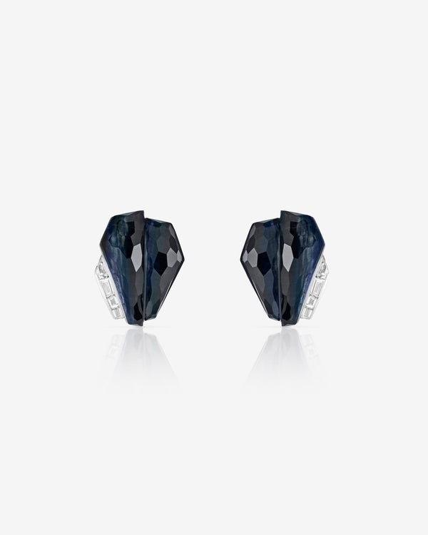 Stephen Webster Falcon’s Eye Crystal Haze shard cuff earrings in 18ct white gold with deep navy Crystal Haze and white diamonds