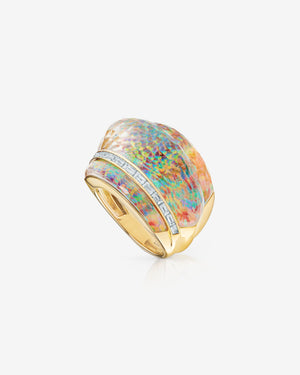 Stephen Webster Fire Opalescent Crystal Haze Amplified Cocktail Ring in 18ct white gold with white diamonds and fire opalescent Crystal Haze gemstone
