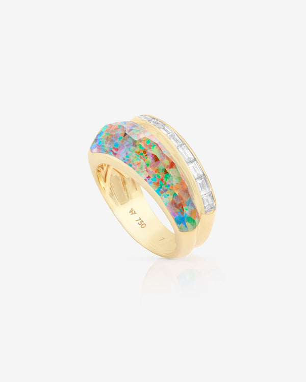 Stephen Webster fire opalescent Crystal Haze slimline ring in 18ct yellow gold with fire opalescent Crystal Haze and diamond accents