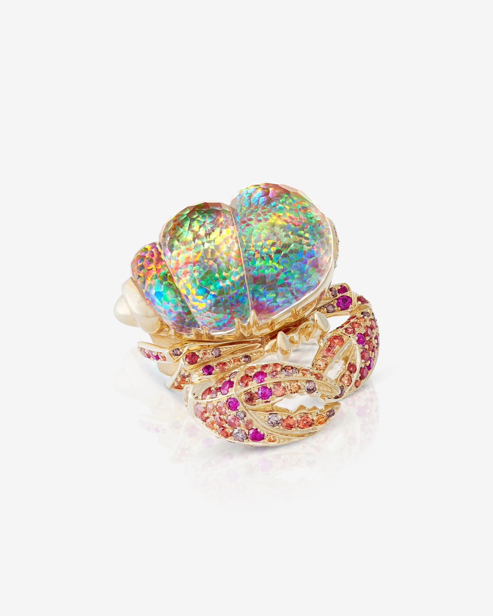 Stephen Webster Fire Opalescent Hermit Crab Ring in 18ct yellow gold with vibrant Fire Opalescent Crystal Haze shell and multi-coloured gemstone details, exceptional luxury fine jewellery
