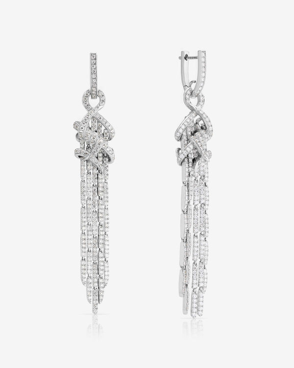 Stephen Webster Forget Me Knot Cascade Earrings in 18ct White Gold with white diamond pavé front view