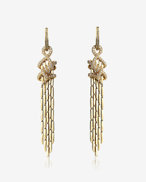 Stephen Webster Forget Me Knot Cascade Earrings in 18ct Yellow Gold with white diamond pavé front view
