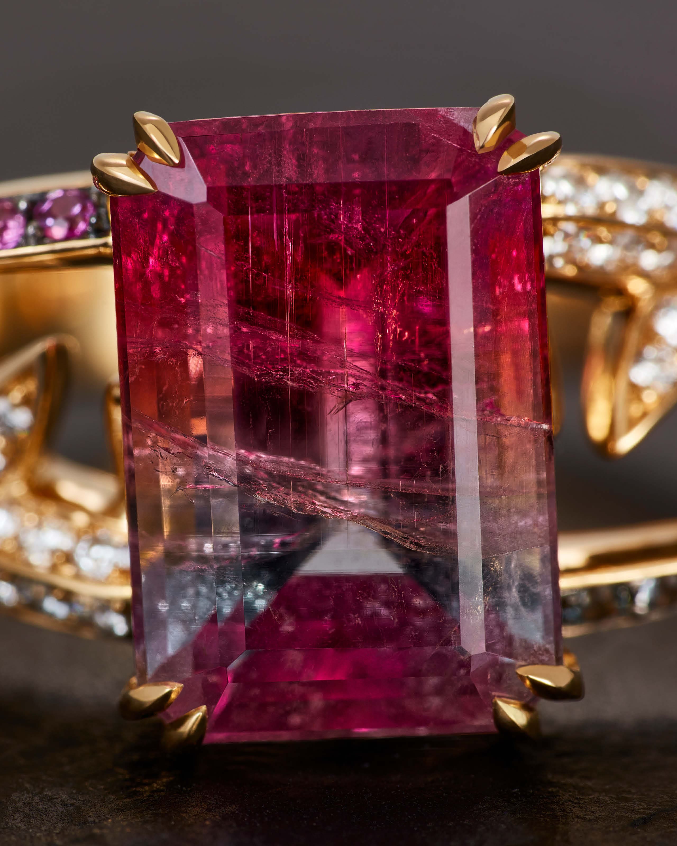 Tourmaline gemstone close-up showing bi-colour and multi-hue variety used by Stephen Webster