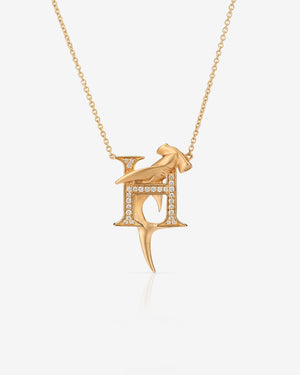 Stephen Webster H is for Hammerhead Shark initial necklace in 18ct yellow gold with white diamonds, personalised luxury jewellery gift for her