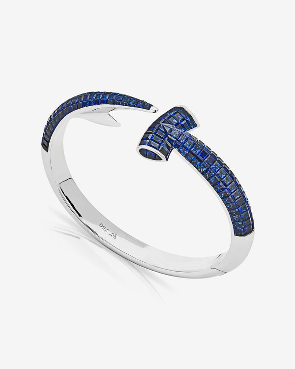Stephen Webster Hammerhead Bangle in 18ct white gold with square blue sapphires and sapphire illusion eyes, luxury fine jewellery cuff bracelet