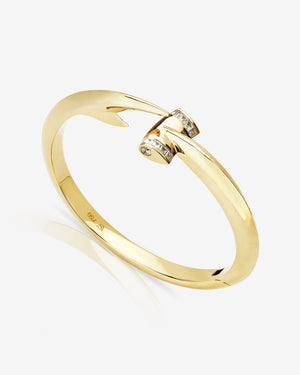 Stephen Webster Hammerhead Bangle in 18ct yellow gold with square cut white diamonds and diamond illusion eyes, luxury fine jewellery cuff bracelet