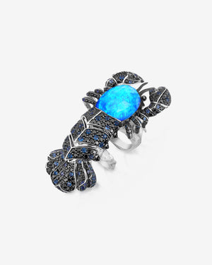 Stephen Webster Jewels Verne Lobster Crystal Haze Long Finger Ring in 18ct white gold with Black Opalescent Crystal Haze, blue sapphire pavé and black diamond pavé, luxury fine jewellery statement