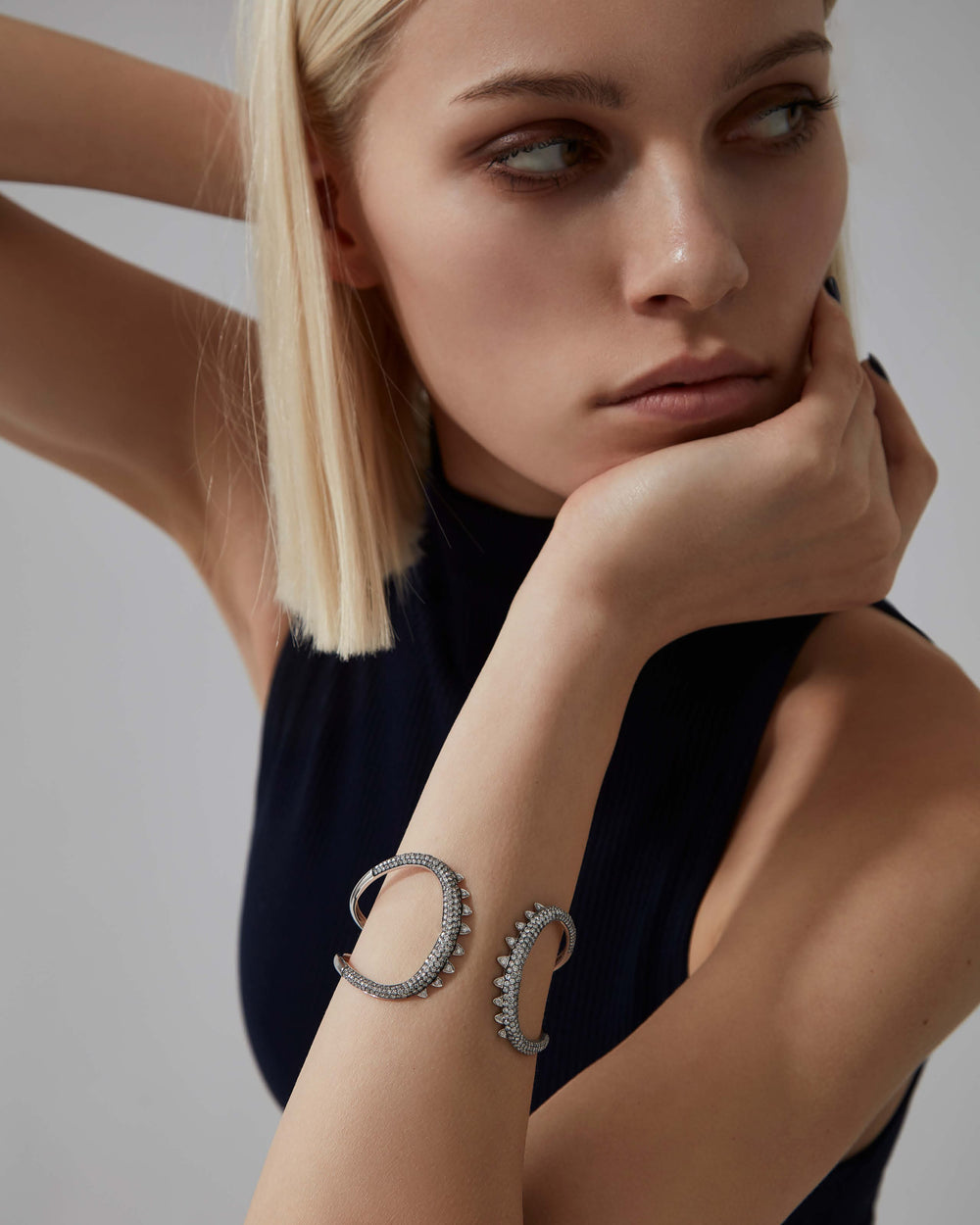 Stephen Webster Jewels Verne Shark Jaw Bracelet in 18ct white gold with pavé white diamonds, inspired by oceanic form with bold sculptural detail, luxury British fine jewellery