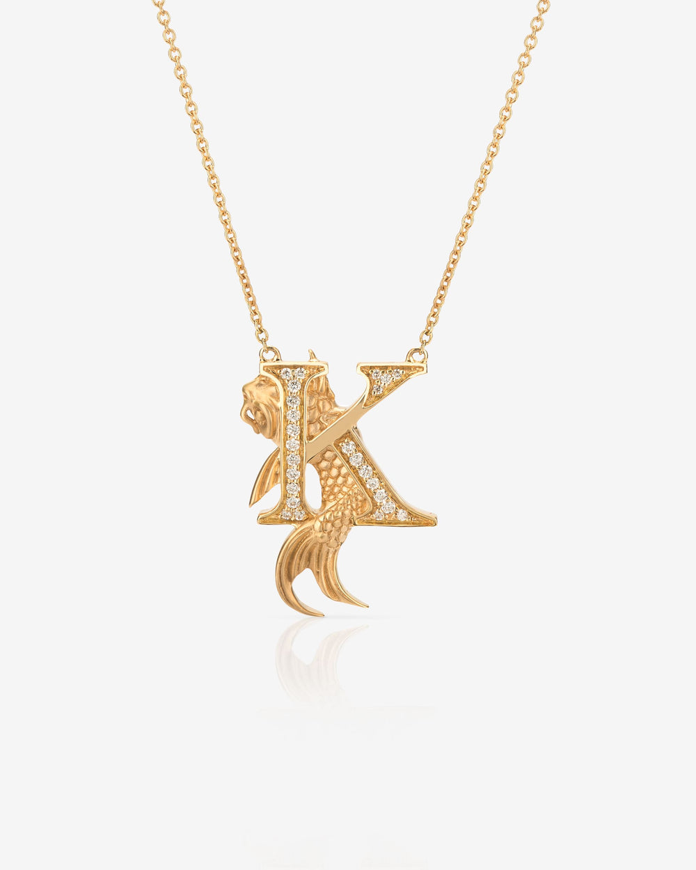 Stephen Webster K is for Koi Carp initial necklace in 18ct yellow gold with white diamond pavé, personalised luxury jewellery gift for her