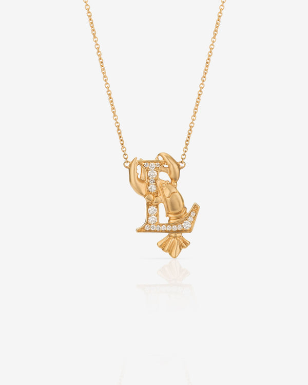 Stephen Webster L is for Lobster initial necklace in 18ct yellow gold with white diamond pavé, personalised luxury jewellery gift for her