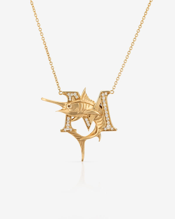 Stephen Webster M is for Marlin initial necklace in 18ct yellow gold with white diamonds, personalised luxury jewellery gift for her