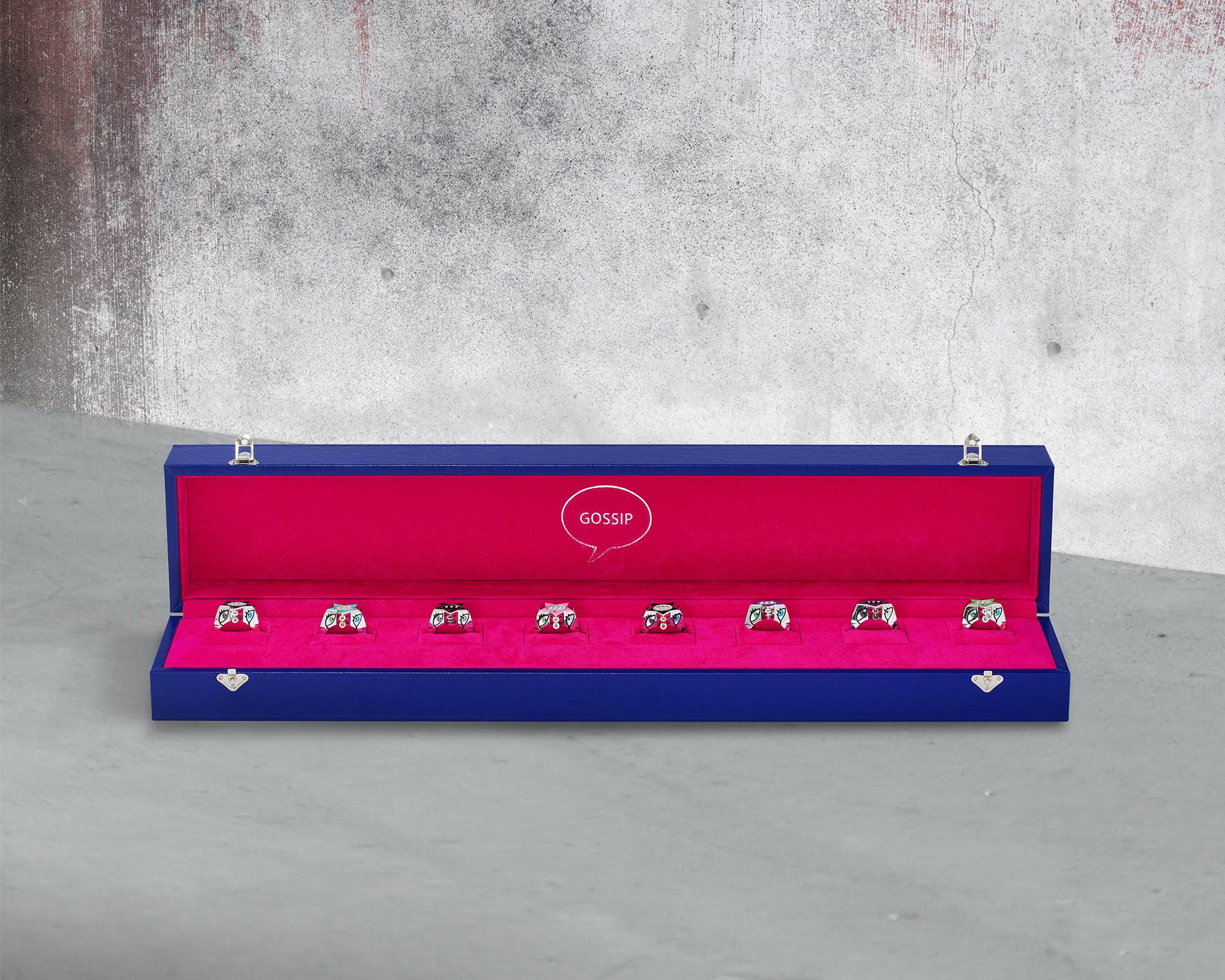 Limited edition Stephen Webster x Machine Gun Kelly GOSSIP rings in sterling silver with enamel and diamond accents