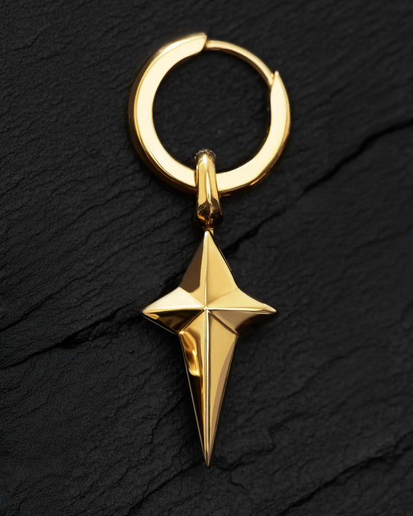 Stephen Webster New Cross gold earring charm hanging from hoop — full drop view, cross motif visible