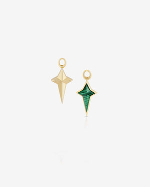 Stephen Webster New Cross single earring charm in 18 ct yellow gold with malachite inlay — front and back view showing cross motif