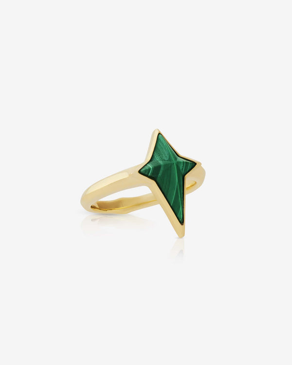 Angled view of New Cross ring in 18 ct gold — highlighting malachite cross inlay and 3D design details