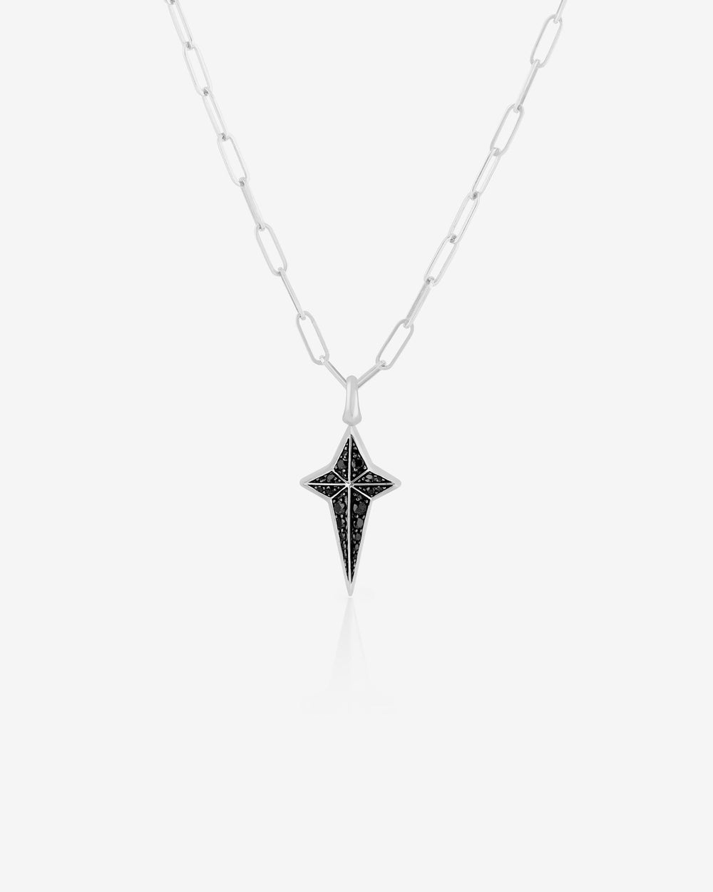 Stephen Webster New Cross pendant in sterling silver with black diamond pavé on 24-inch chain — front view of cross pendant