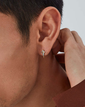 Model wearing Stephen Webster New Cross diamond stud earring — visible on ear, showing size, sparkle and gold finish