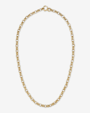 Stephen Webster New Crosslink chain — 18 ct yellow gold chain laid flat, showing full 23-inch length and hand-detailed New Cross motif