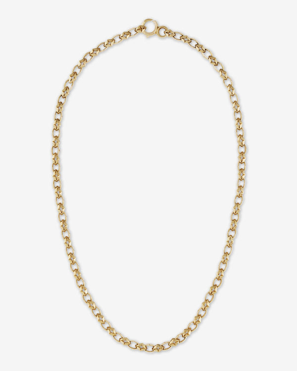 Stephen Webster New Crosslink chain — 18 ct yellow gold chain laid flat, showing full 23-inch length and hand-detailed New Cross motif