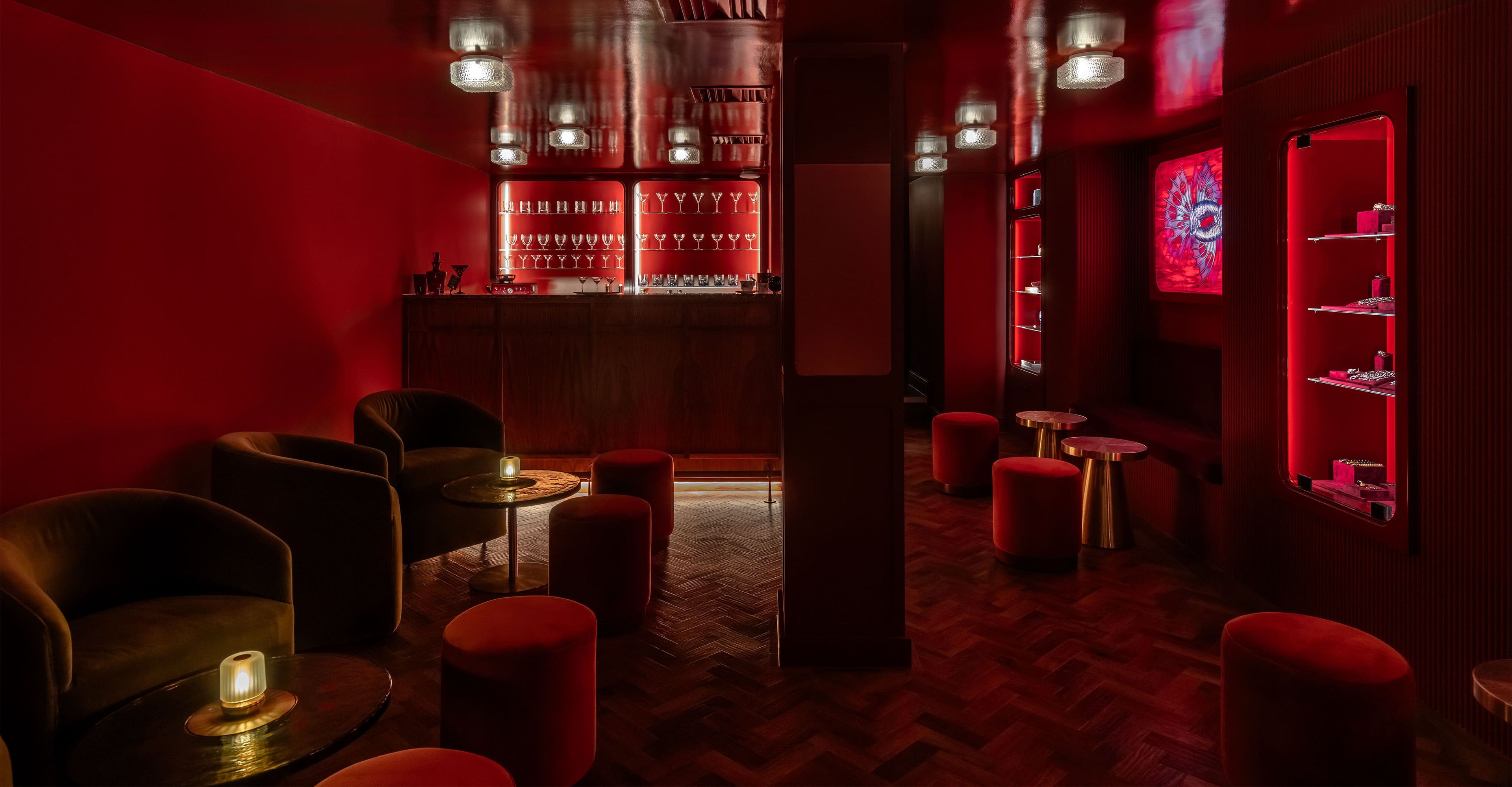 Stephen Webster No Regrets Lounge cocktail bar entrance and interior in Mayfair, London