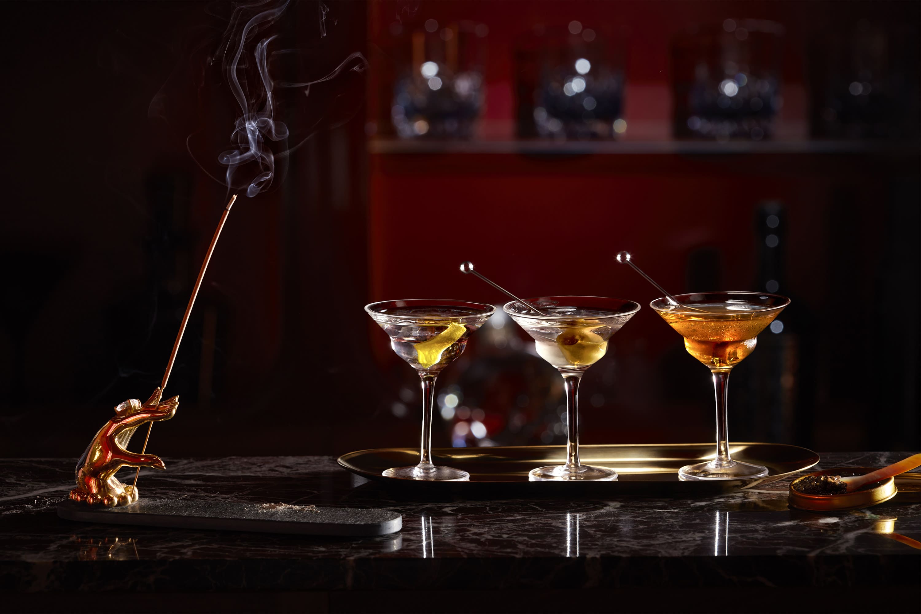 Signature cocktails including Flight of Martinis at Stephen Webster No Regrets Lounge