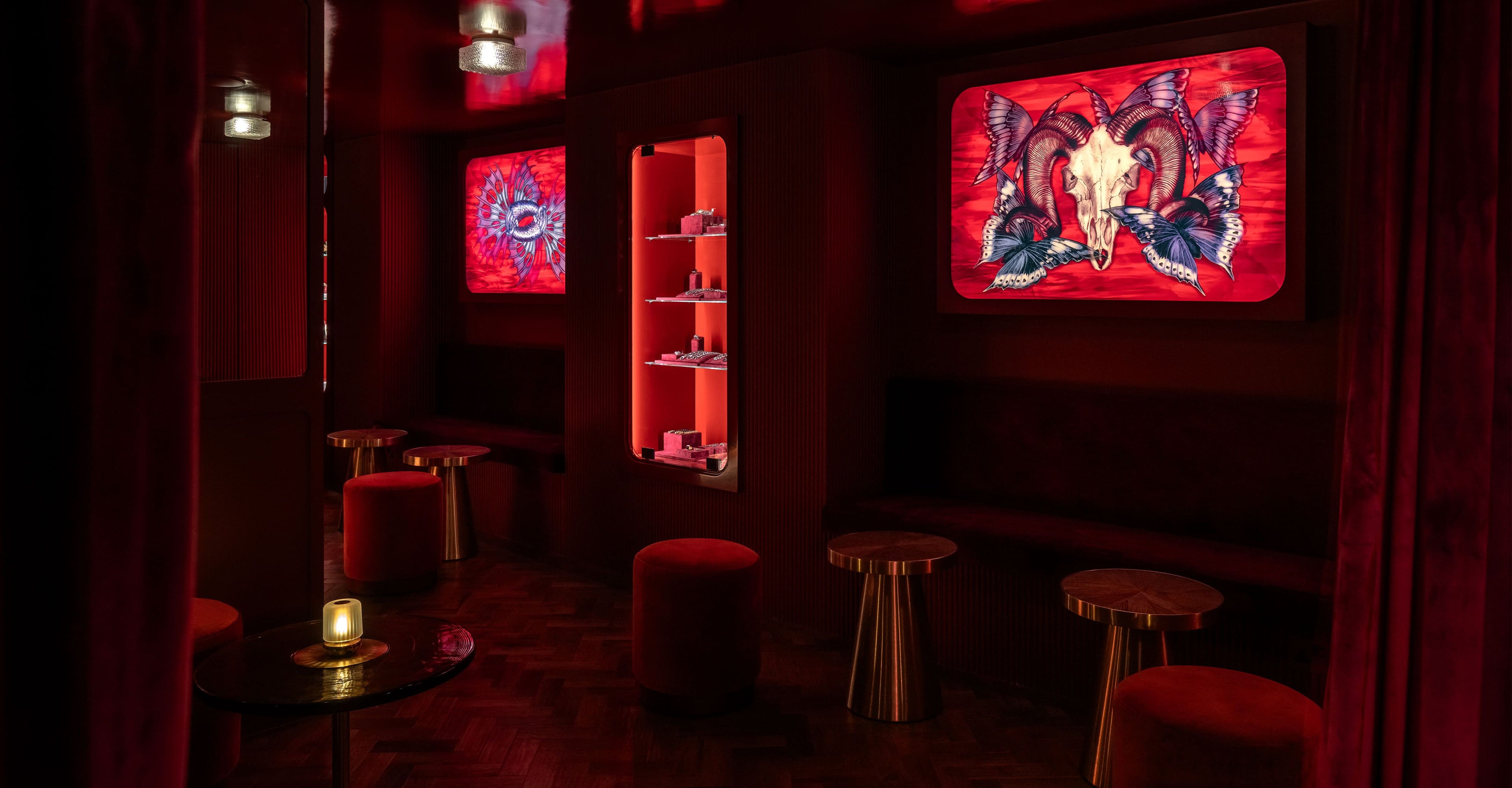 No Regrets Lounge bar interior with velvet seating and dim lighting by Stephen Webster