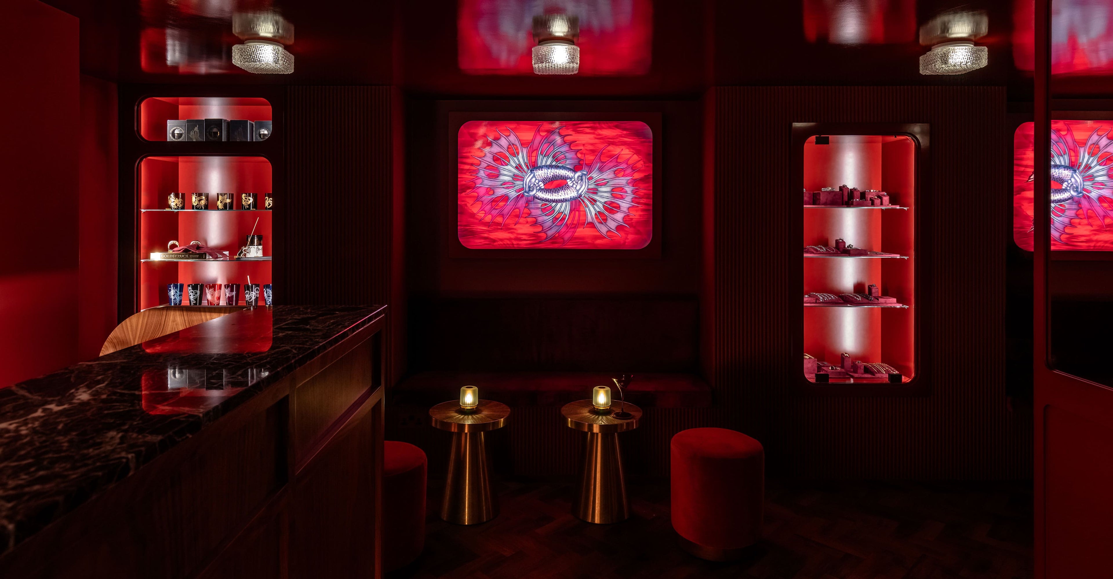 Cocktail bar seating and ambient lighting at Stephen Webster No Regrets Lounge