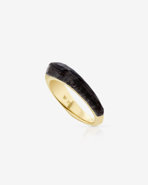 Stephen Webster Obsidian Crystal Haze slimline shard stack ring in 18ct yellow gold with obsidian Crystal Haze and diamond accents