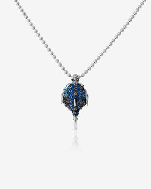 Stephen Webster Puffa Fish pendant in 18ct white gold with sapphire pavé and white diamonds, luxury British fine jewellery from the No Regrets collection