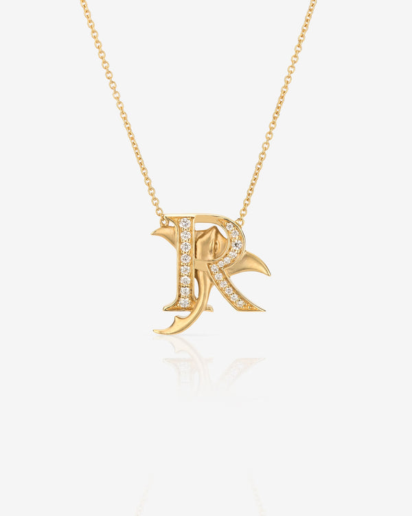 Stephen Webster R is for Ray initial necklace in 18ct yellow gold with white diamonds, personalised luxury jewellery gift for her