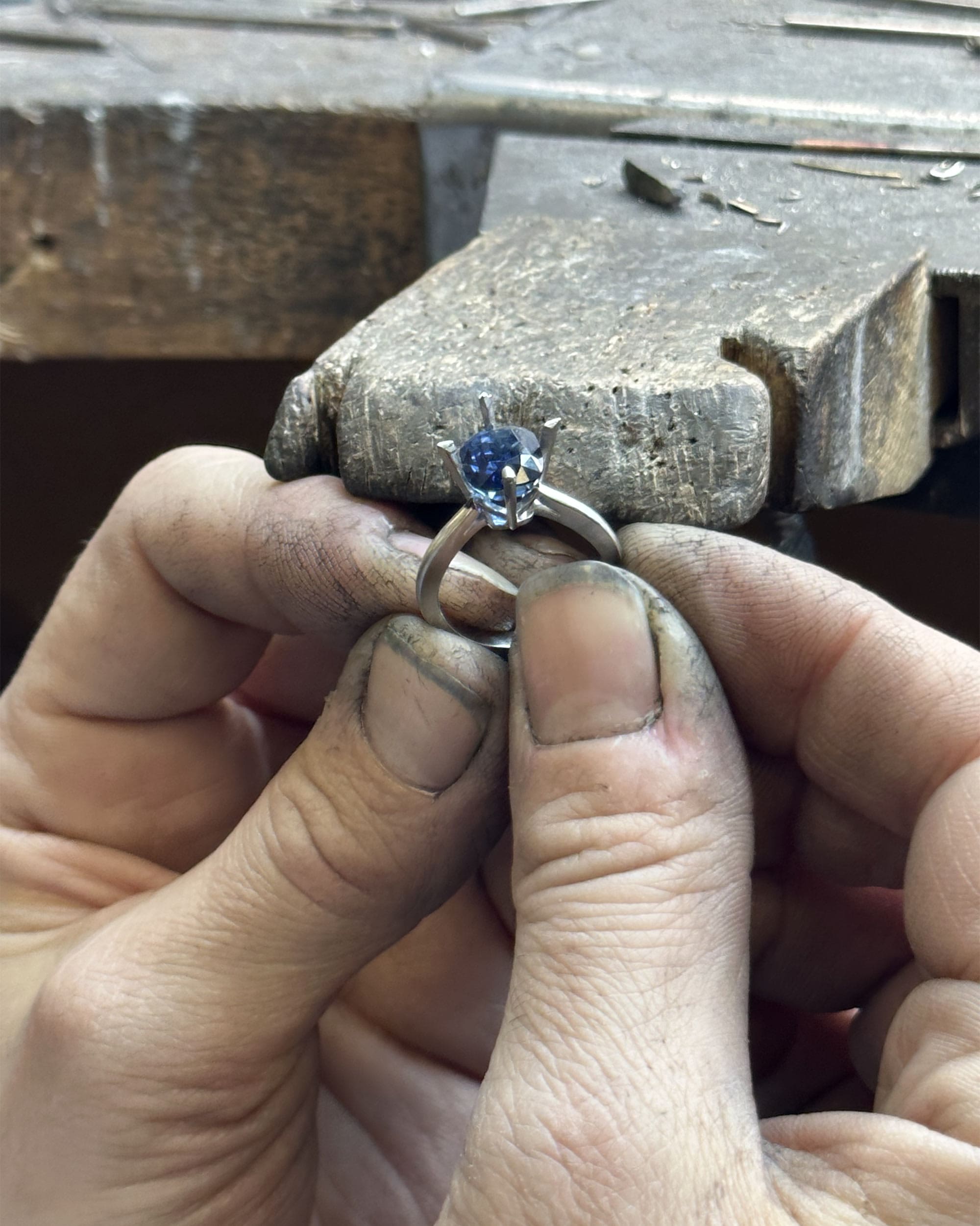 Original platinum solitaire with blue sapphire brought into RESET service