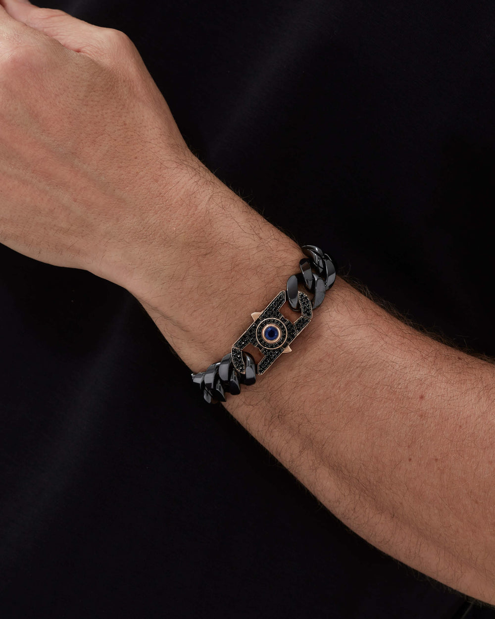 Men’s 18 ct rose-gold Revolutionary bracelet clasp by Stephen Webster with central blue sapphire, black mother-of-pearl inlay and black diamond pavé — for 18 mm Cuban bracelets