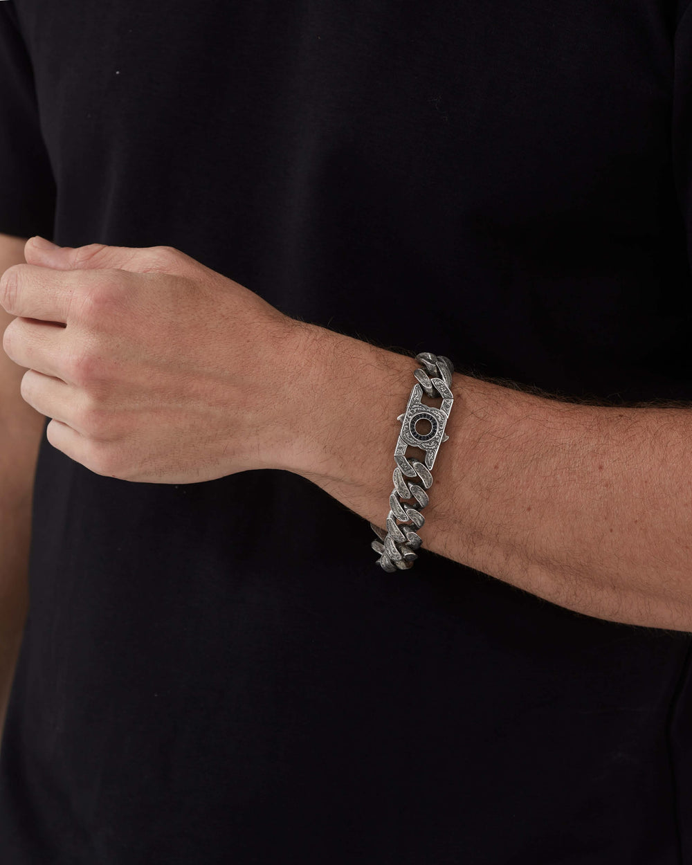 Men’s sterling silver Black Sapphire Revolutionary clasp by Stephen Webster, gunmetal finish with black sapphire pavé — premium clasp for 18 mm Cuban bracelets