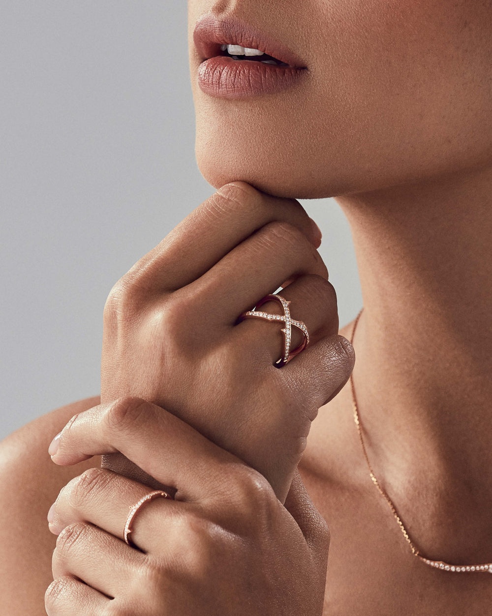 Stephen Webster Stem Crossover White Diamond Band Ring in 18ct Rose Gold with white diamond pavé front view