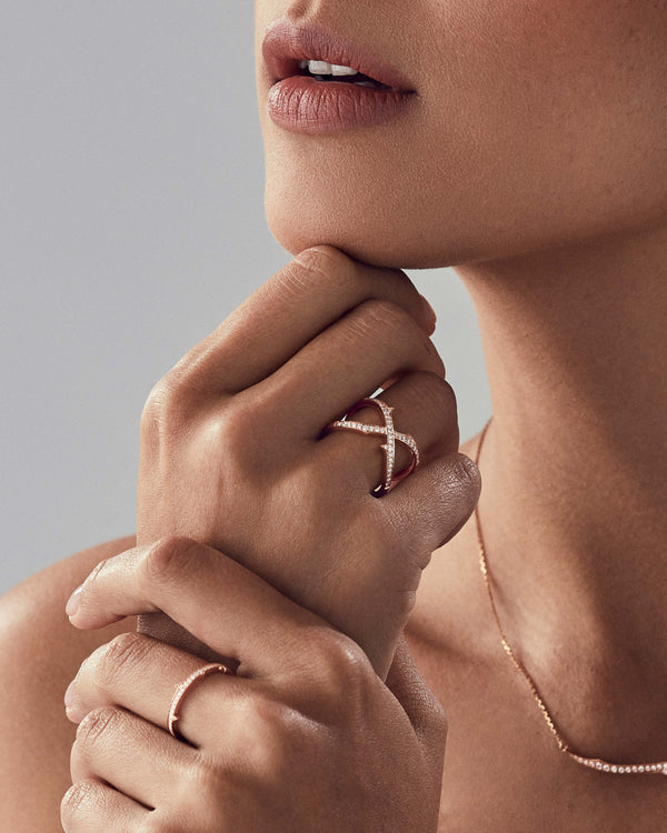 Stephen Webster Stem Crossover White Diamond Band Ring styled with coordinating luxury jewellery pieces