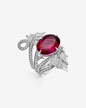 Stephen Webster Rubellite Poison Ivy cocktail ring in 18ct white gold featuring a central 11.63 ct rubellite and pavé white diamond leaves and vine motif, luxury British fine jewellery