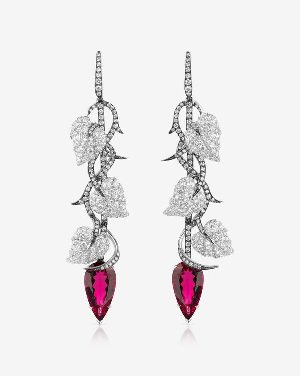 Stephen Webster Rubellite Poison Ivy long earrings in 18ct white gold featuring vivid rubellite gemstones with pavé-set diamond detailing, luxury British fine jewellery