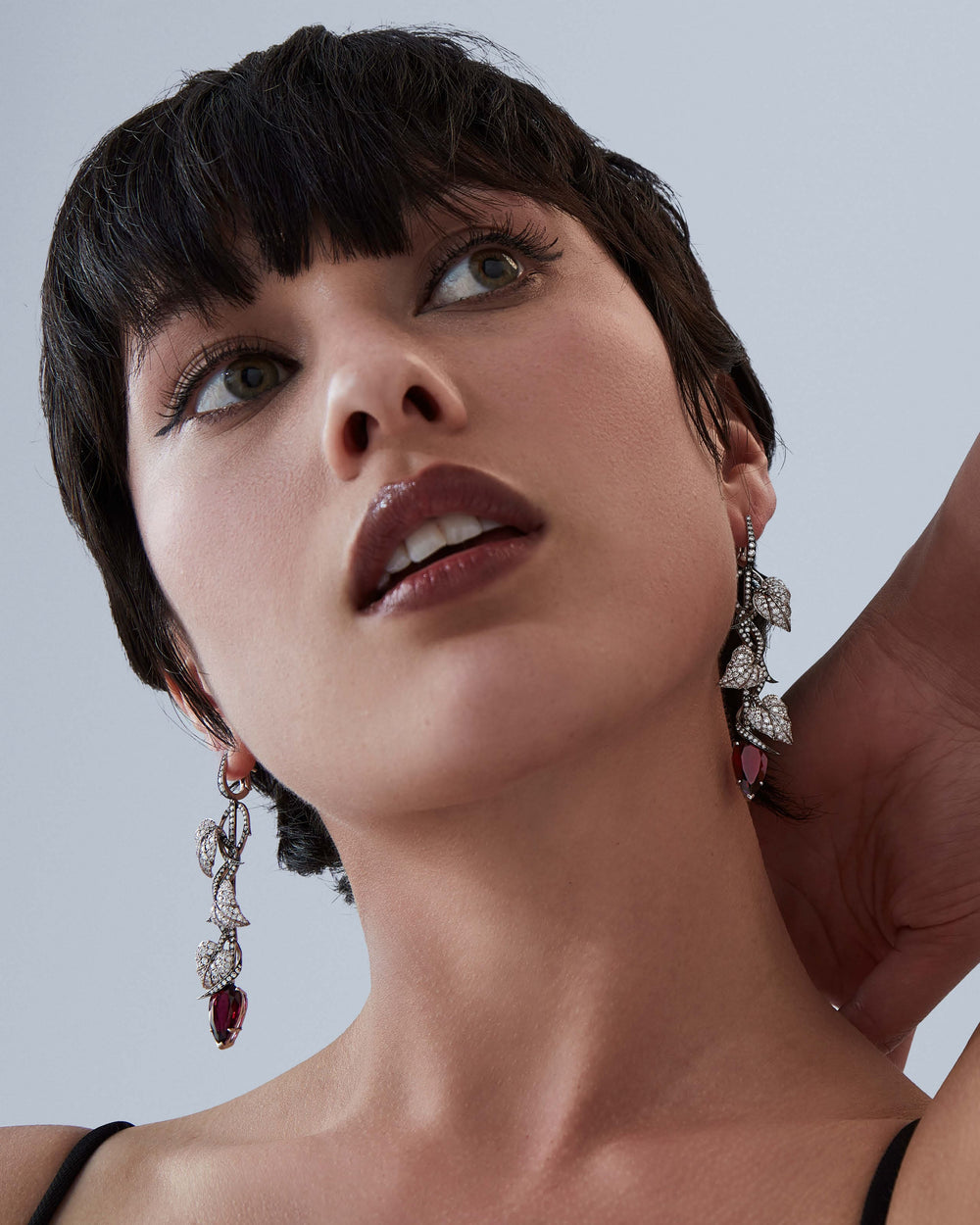 Stephen Webster Rubellite Poison Ivy long earrings in 18ct white gold featuring vivid rubellite gemstones with pavé-set diamond detailing, luxury British fine jewellery