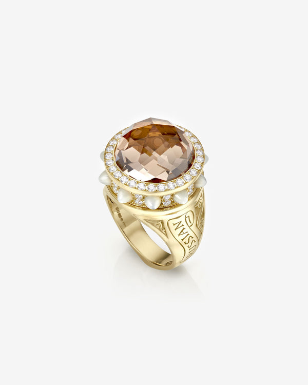 Stephen Webster Russian Roulette Bullet Morganite ring in 18ct yellow gold with central morganite, pavé white diamonds and mother-of-pearl bullet motifs, luxury British fine jewellery