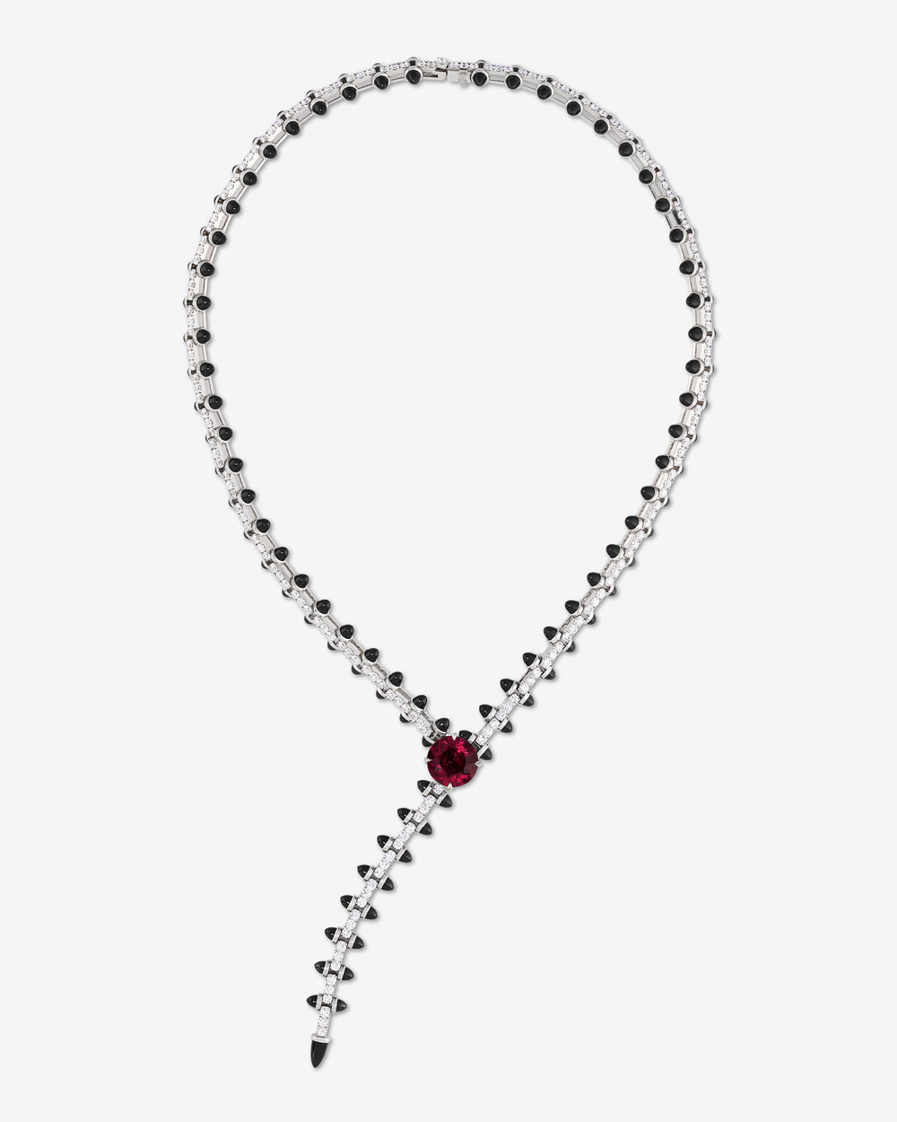 Stephen Webster Russian Roulette Collar in 18ct white gold with central rubellite, black onyx bullet motifs and pavé white diamonds, luxury British fine jewellery statement piece