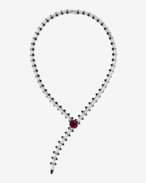 Stephen Webster Russian Roulette Collar in 18ct white gold with central rubellite, black onyx bullet motifs and pavé white diamonds, luxury British fine jewellery statement piece
