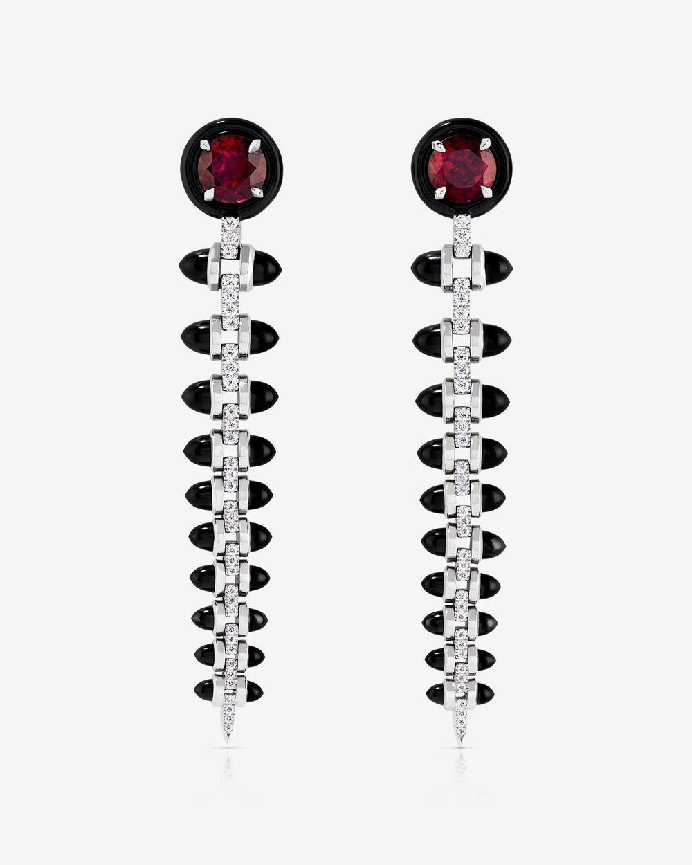 Stephen Webster Russian Roulette earrings in 18ct white gold with detachable rubellite tourmalines, black onyx bullet motifs and pavé white diamonds, bold luxury fine jewellery