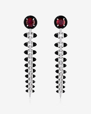Stephen Webster Russian Roulette earrings in 18ct white gold with detachable rubellite tourmalines, black onyx bullet motifs and pavé white diamonds, bold luxury fine jewellery