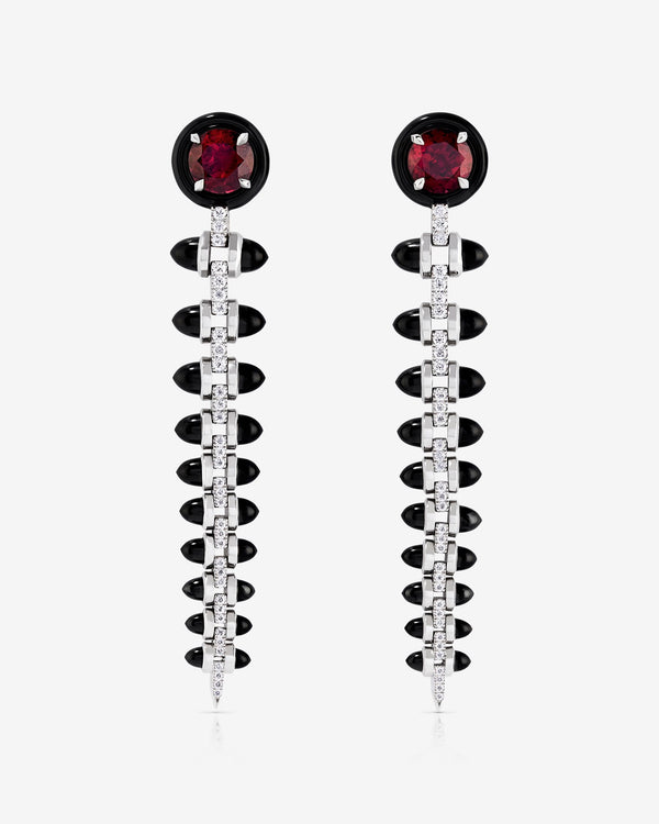 Stephen Webster Russian Roulette earrings in 18ct white gold with detachable rubellite tourmalines, black onyx bullet motifs and pavé white diamonds, bold luxury fine jewellery