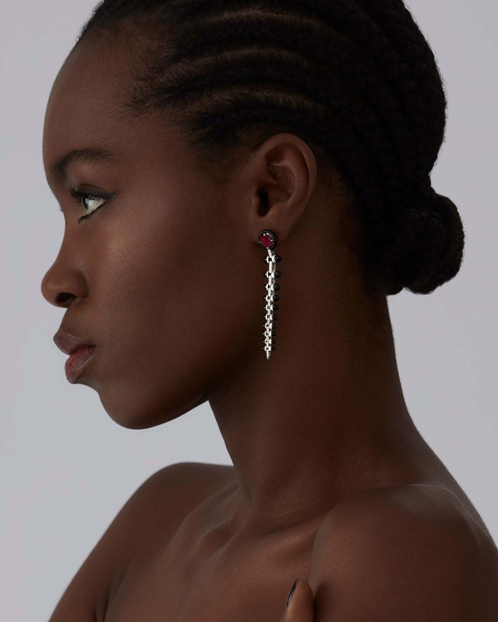 Stephen Webster Russian Roulette earrings in 18ct white gold with detachable rubellite tourmalines, black onyx bullet motifs and pavé white diamonds, bold luxury fine jewellery