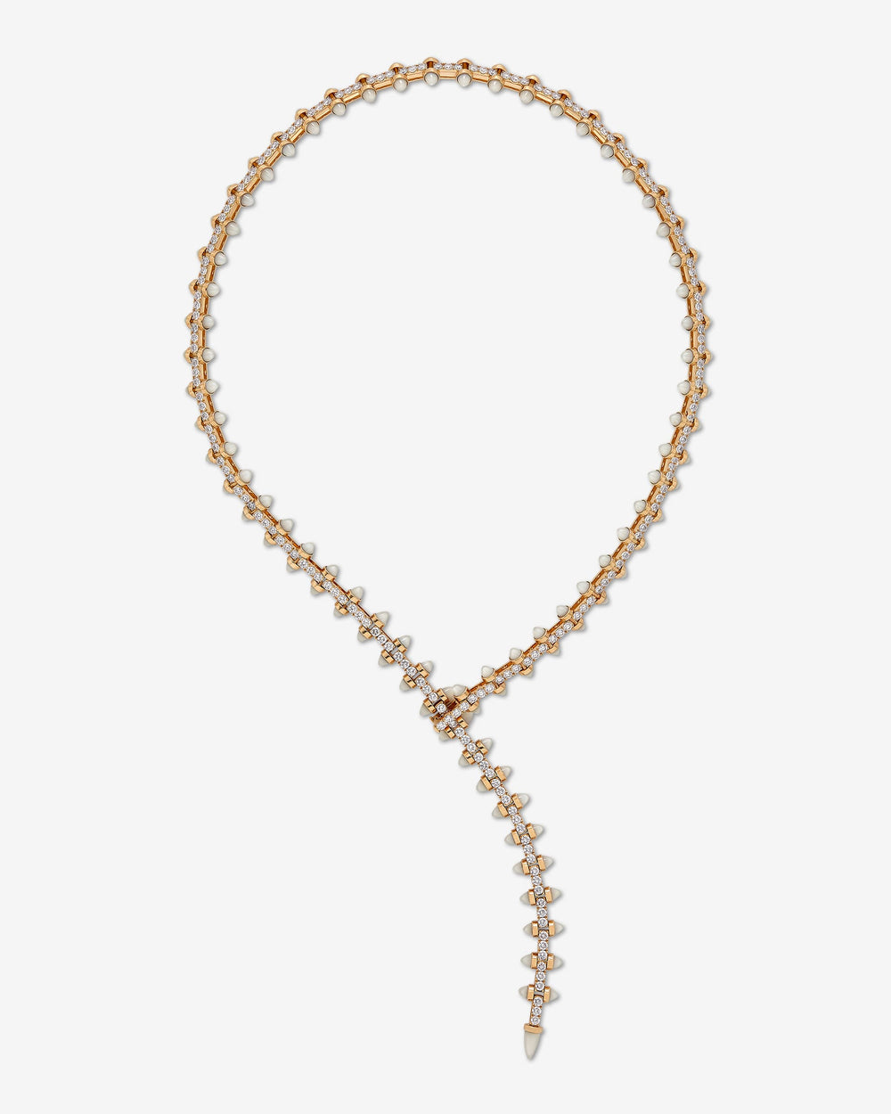 Stephen Webster Russian Roulette Magazine necklace in 18ct yellow gold featuring pavé-set white diamonds and sculptural magazine motif, bold luxury British fine jewellery