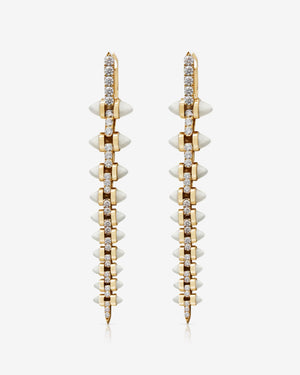 Stephen Webster White Diamond Russian Roulette Stiletto earrings in 18ct gold with pavé white diamonds and mother-of-pearl bullet motifs, bold British fine jewellery design